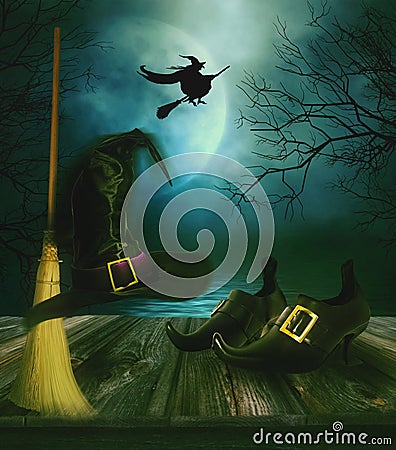 Witches broom hat and shoes with sppody background Stock Photo