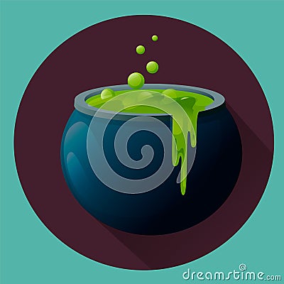 Witches cauldron with green potion. Vector Illustration