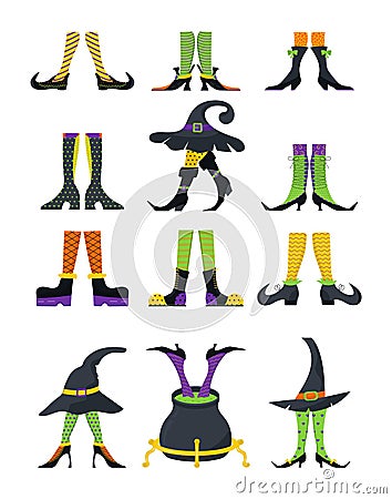 Witches leg vector set. Halloween funny, scary feet boots. Vintage, colorful stockings of witch Vector Illustration