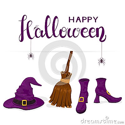 Witches shoes with purple hat and broom and text Happy Halloween Vector Illustration