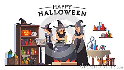 Witches stirring poison brew potion in cauldron Vector Illustration