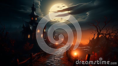 Halloween spooky night with an old road leading to haunted house. Generative AI Stock Photo