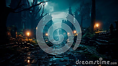 Halloween spooky night with an old road leading to haunted house. Generative AI Stock Photo