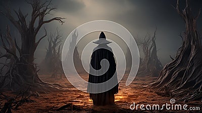 Witching Hour at Halloween with a wicked hag in enchanted forest. Generative AI Stock Photo