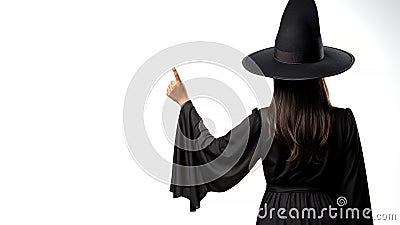 Witching Hour at Halloween, witch pointing at white copy space. Generative AI Stock Photo