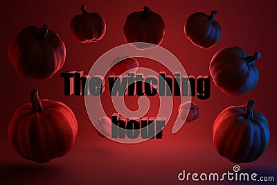 Witching hour. The inscription on a red background and levitating pumpkins. 3D render Stock Photo
