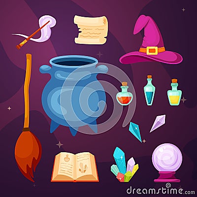 Witching magic items set. Cauldron cooking potion magic wand scroll book with spells flying broom multicolored energy Vector Illustration