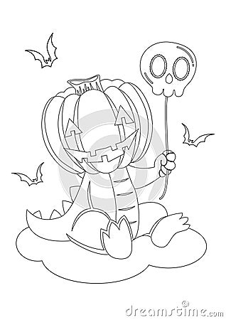 Coloring page outline of pumpkin head dinosaur and friends Vector Illustration