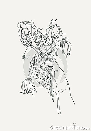 Withered flowers in her hand, gone feeling concept. Hand drawn illustrations Vector Illustration