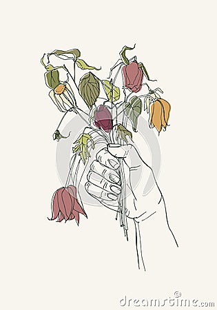 Withered flowers in her hand, gone feeling concept. Hand drawn illustrations Vector Illustration