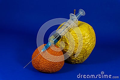 Withered orange and apple with hypodermic needle Stock Photo