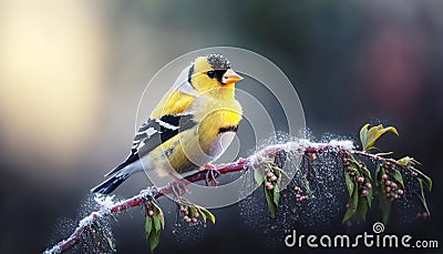 Beautiful American Goldfinch on a tree branch in forest on a beautiful summer day. Generative AI Stock Photo