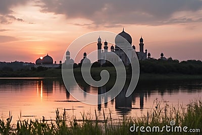 Ai Generative Beautiful sunset over the Taj Mahal in Agra, India Stock Photo