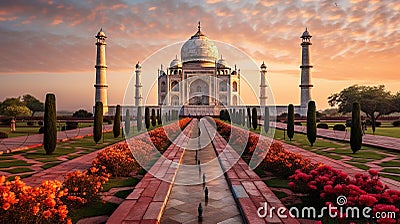 Golden Sunrise at Taj Mahal: Majestic Beauty of Agras Iconic Mausoleum Stock Photo