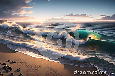 Embracing Unity, Green-tinged White Foamy Waves and the Majestic Sea Merging with the Pebbled and Sandy Beach. AI generated Stock Photo