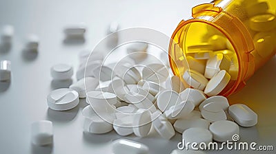 numerous white drugs pills spill out of a bottle Stock Photo