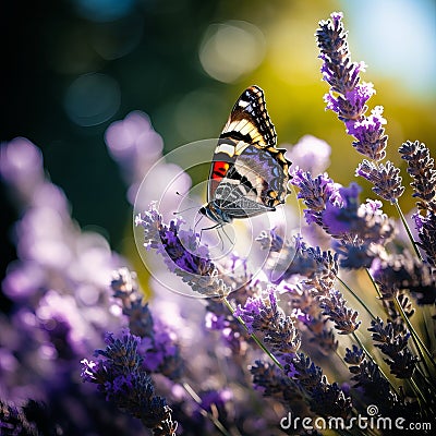 Graceful Encounter - Butterfly on Lavender Blossom Stock Photo