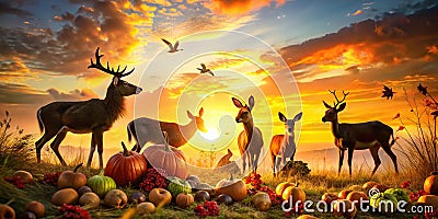 Silhouettes of Animals Enjoying a Sunset Feast A Captivating Image of Wildlife and Nature at Dusk Stock Photo