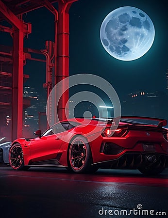 Factory Nocturne Rev: Ultra-Detailed Red Sports Car by Moonlit Cyber Factory Stock Photo