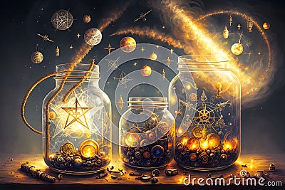 Fantastic Display of Illuminated Jars Containing Alchemical Symbols and Elements. AI generated Stock Photo