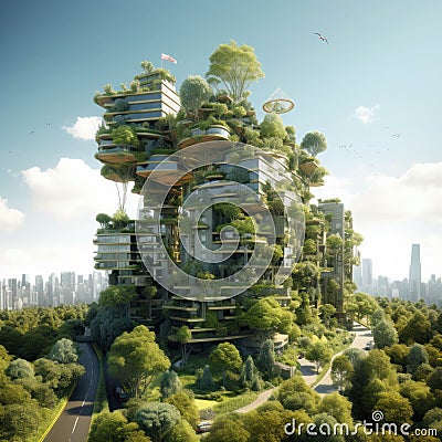 Witness the harmonious blend of urban life and nature in this eco-conscious cityscape. Skyscrapers adorned with greenery, a Stock Photo