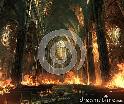 Inferno: Flames Engulfing a Majestic Gothic Cathedral Stock Photo