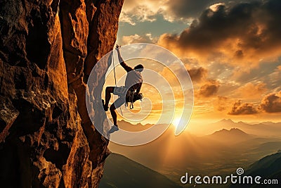 Witness the incredible feat as a determined man fearlessly scales the steep side of a towering mountain, rock climbing man rock Stock Photo