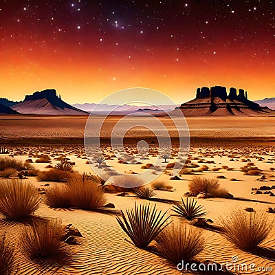 Witness the magic of Spring Bank Holiday in an ancient desert landscape, bonfires lighting up the arid expanse Stock Photo