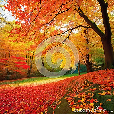 Witness masterpiece unfold as vibrant autumn leaves paint the landscape in a breathtaking symphony of colors Cartoon Illustration