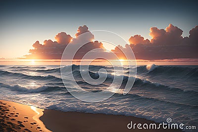 The Radiant Glow of Sunsets Behind Clouds, Sparkling Waves with White Foams Gently Crashing onto the Shoreline. AI generated Stock Photo