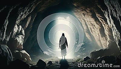 Jesus Rises from the Cave. AI Generative. Stock Photo