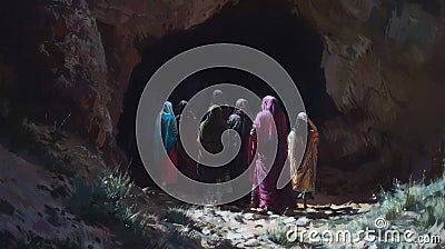 Easter Morning: Women Discovering the Empty Tomb of Jesus Stock Photo