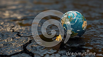 Witness the startling contrast as an Earth globe floats on a gasoline puddle, igniting into flames. Ai Generated Stock Photo