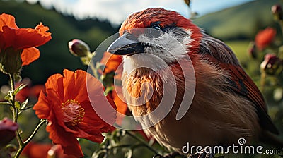 Nature's Contrast: Red-Bellied Cardinal Perched on a Poppy Flower Stock Photo