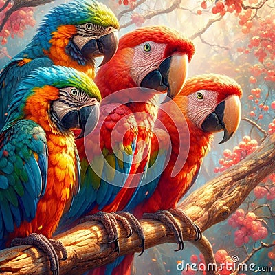 Vibrant Scarlet Macaw Parrots: Ara Macao Stock Photo