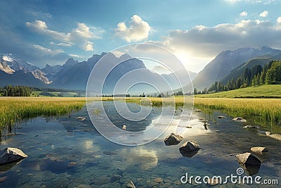 Eternal Beauty: A Scenic Blend of Mountains, Lake, and Blue Sky Stock Photo