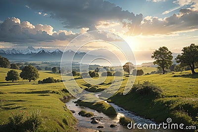 Eternal Beauty: A Scenic Blend of Mountains, Lake, and Blue Sky Stock Photo