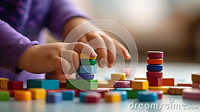 playing with a colorful wooden stacking toy against a plain background Stock Photo