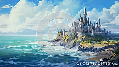 Wizard academy built like a castle with ocean in the background Stock Photo