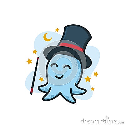 Wizard blue baby octopus mascot character logo design illustration. magician octopus logo wearing magician hat and using wand Vector Illustration