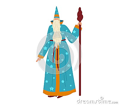 Wizard in blue starry robe holding a staff, long white beard, fantasy magician costume. Magical character, fairytale Vector Illustration