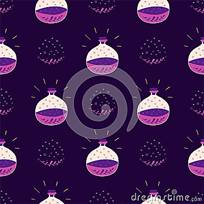 Wizard bottles seamless pattern Magic violet cartoon potion bottles Cute halloween dark background Cartoon Illustration