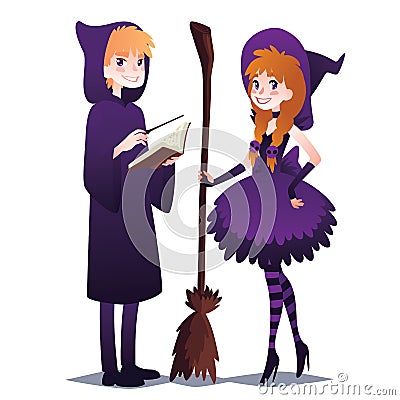 Wizard boy with book and magic stick. Witch girl with broom. Vector Illustration