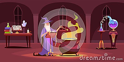 Wizard castle. Magical laboratory interior. Sorcerer brews magic potion in tower. Spell books and distillation flask on Vector Illustration