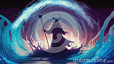 A wizard is conjuring up a large water vortex in the background, illustration painting Stock Photo