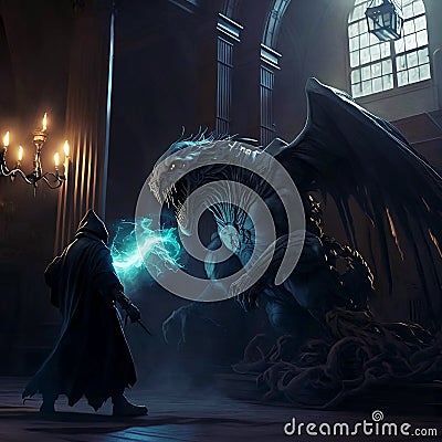 A wizard fighting with a dragon inside castle Cartoon Illustration