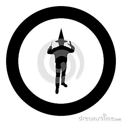 Wizard holds magic wand trick Waving Sorcery concept Magician Sorcerer Fantasy person Warlock man in robe with magical stick Vector Illustration