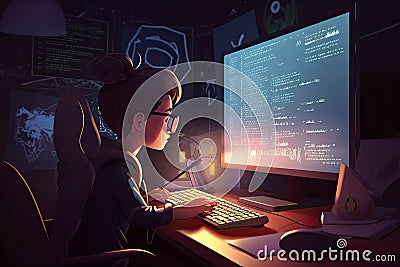 Wizard kid is coding and programming on a computer. Stock Photo