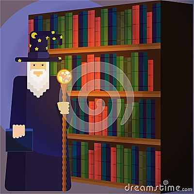 Wizard in library Vector Illustration