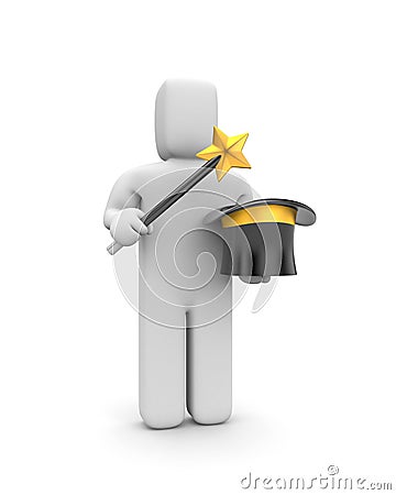 Wizard with magic wand and hat Stock Photo